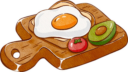 cute egg toast, tomato and avocado on a wooden cutting board, hand-drawn watercolor illustration