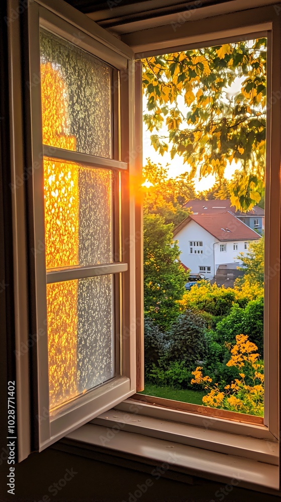 Poster a window open to a view of a house and trees in the warm glow of sunset.
