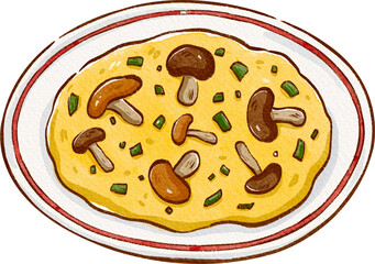 cute mushroom soup in white circular plate with red pattern, hand-drawn watercolor illustration