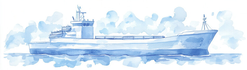 Fototapeta premium Cargo ship illustration in watercolor style, white isolate background
