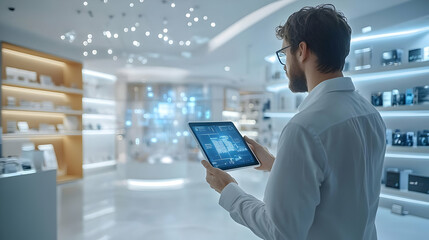 3D Entrepreneur Using Tablet with Holographic Discount Tags in Modern Office Concept ? Candid Photo Showcasing Digital Financial Tools and Business Advertising Strategies on White Background
