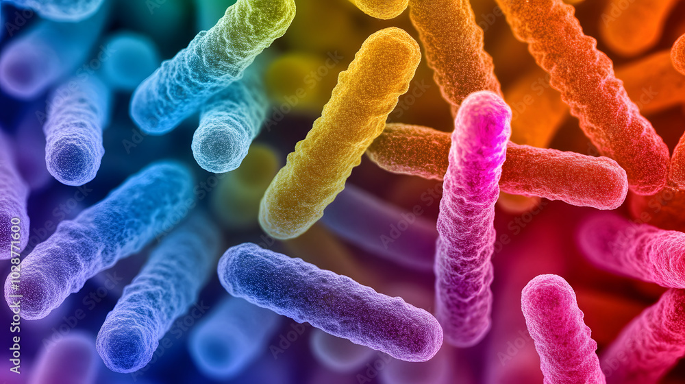 Poster microscopic view of probiotic bacteria colonies showcasing intricate patterns and structures of bene