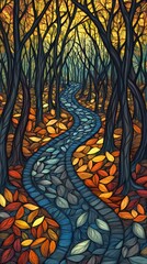 A winding stone path through an autumn forest, with fallen leaves scattered on the ground.