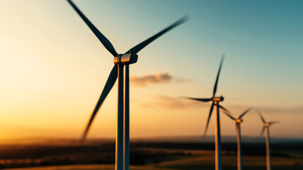 Row of wind turbines in a field during sunset generating renewable energy with a blurred background and clear sky.