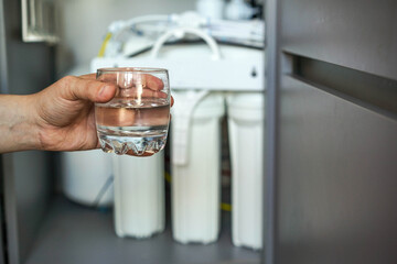 Water purification system and glass of water in the hand