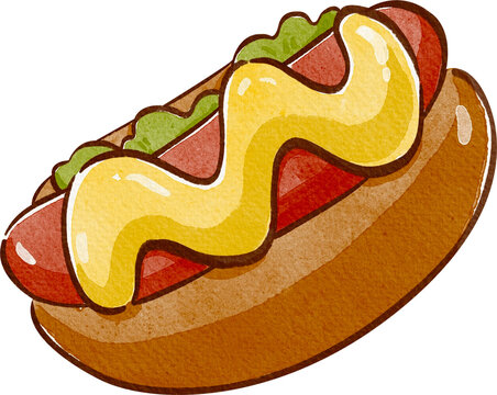 recommend clip art: cute hot dog with mustard and lettuce, hand-drawn watercolor illustration