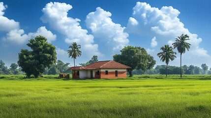 Obraz premium Serene rural landscape with a house amidst lush greenery and clouds.