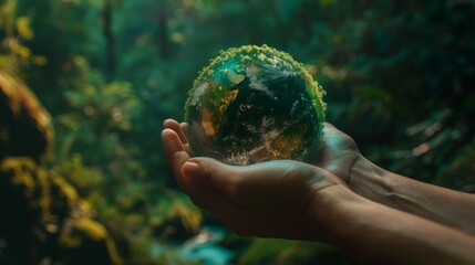 High-definition 8k wallpaper of a green earth cradled in hands – stunning representation of...