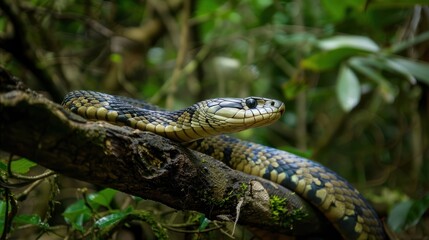 Naklejka premium A Yellow-Bellied Green Snake Coiled on a Branch