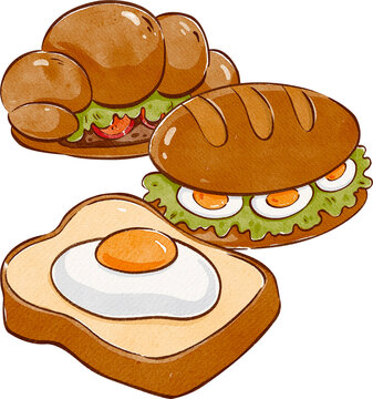 watercolor sandwiches and toast breakfast clip art preview