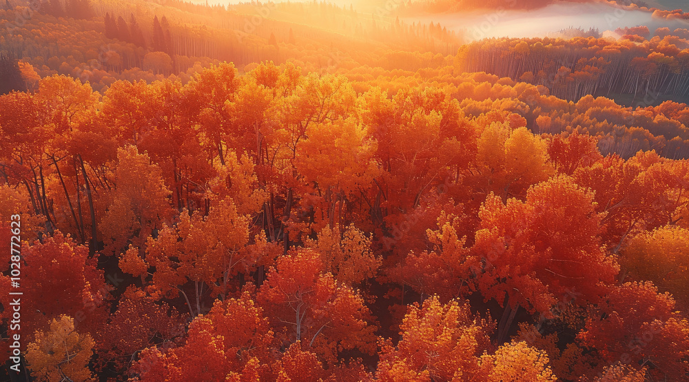 Poster a maple trees at sunrise. aerial high view.