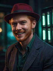 Middle-aged Caucasian man with short red hair and beard, wearing red hat and dark jacket, smiling in front of colorful background