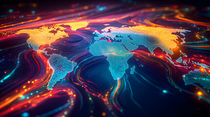 Abstract neon glowing world map with vibrant stream made of colorful lines, wallpaper.