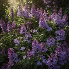 Fototapeta premium Lush garden filled with vibrant purple flowers, likely lilacs or similar blooming shrubs. Flowers surrounded by green foliage and image has soft, dreamy quality with blurred background, creating