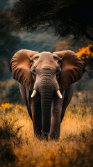 Fototapeta premium Saving Elephants: Wild Elephant in its Natural Environment A majestic elephant roaming in a savanna-like landscape surrounded by green trees and bushes.