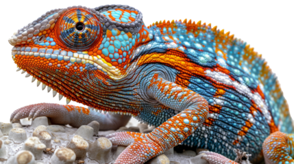 A vibrant colored chameleon cut out in PNG format, showcasing its stunning hues and intricate details. Perfect for adding a splash of color and character to digital designs, artwork, or creative
