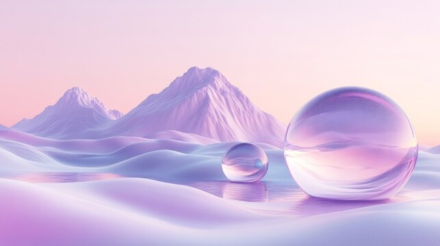Abstract landscape with crystal balls on water and snowy purple mountain peaks.