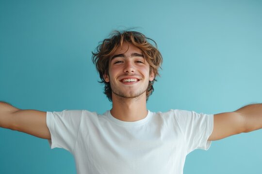 Portrait of a smiling young man with open arms. The theme of an optimistic state of mind.
