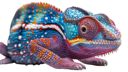 A vibrant colored chameleon cut out in PNG format, showcasing its stunning hues and intricate details. Perfect for adding a splash of color and character to digital designs, artwork, or creative