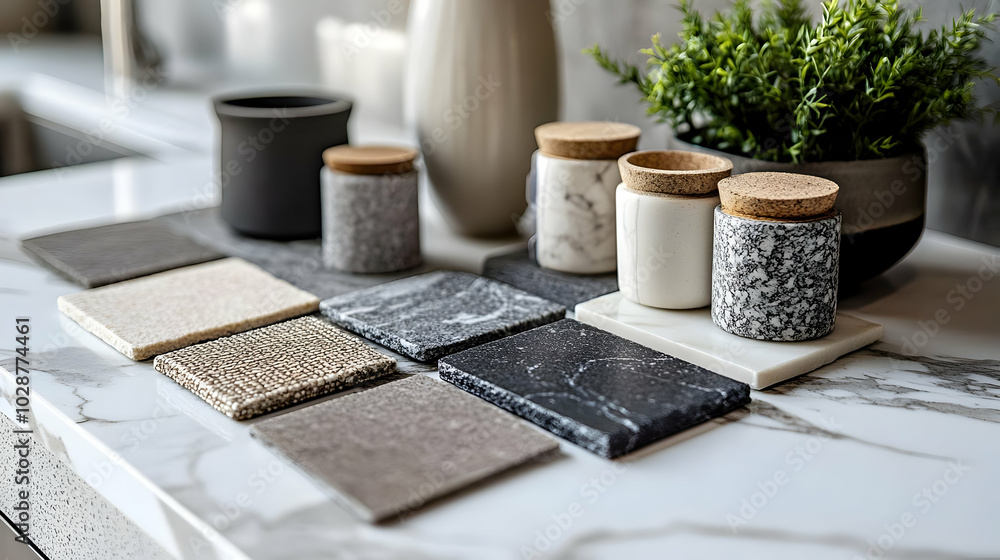 Poster various textured tiles and containers on a countertop display.