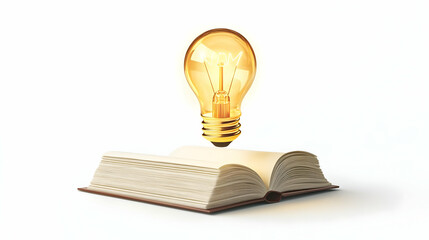 3D Floating Book with Glowing Lightbulb Icon - Symbol of Knowledge Mastery and Innovation Trends, Isolated on White Background for Educational Infographics