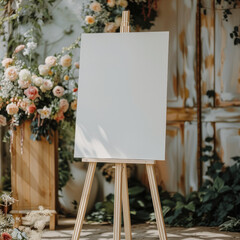 A blank white welcome sign mockup, size is 24 by 36 inches in portrait orientation, on an easel...