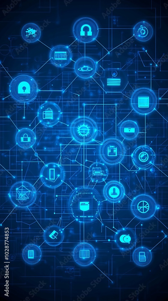 Poster Abstract network with various icons connecting.