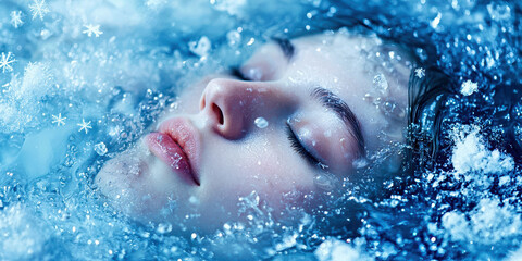 Fototapeta premium A woman is floating in a pool of water with snowflakes falling around her