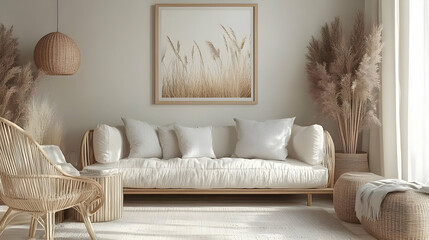 Cozy, neutral-toned living room with natural decor elements.