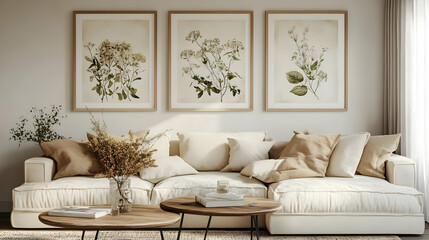 Cozy living room with floral art and neutral decor.