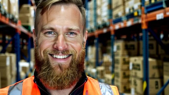 Warehouse employee smiling on camera in a logistic center - Industrial occupation concept - Model by AI generative
