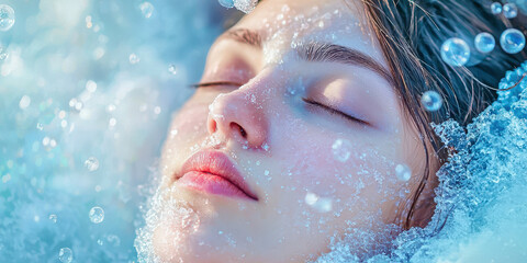 Fototapeta premium A woman is in a bathtub with bubbles and water