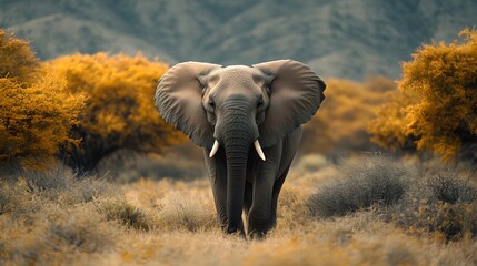 Fototapeta premium Saving Elephants: Wild Elephant in its Natural Environment A majestic elephant roaming in a savanna-like landscape surrounded by green trees and bushes.
