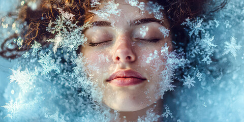 A woman's face is covered in snow, giving the impression of a winter scene