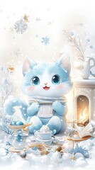 A watercolor illustration of a blue cartoon cat knitting by the fireplace in a lavishly decorated room
