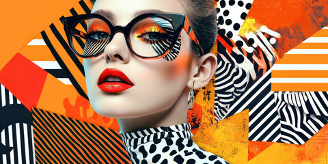A woman with red lips and black glasses is the main focus of the image