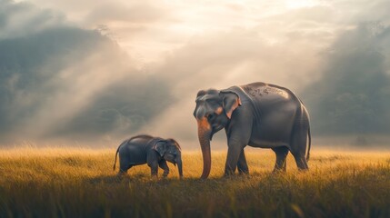 Thai Elephants Grazing Peacefully in Natural Habitat