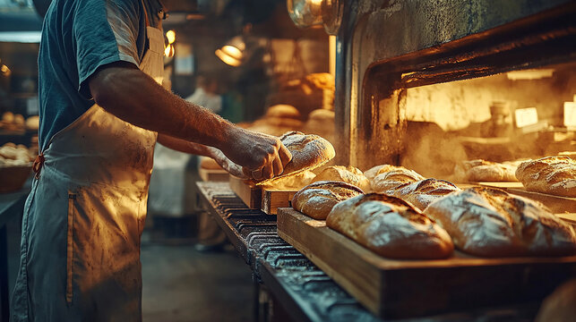 A baker pulling fresh bread from the oven in a baker
