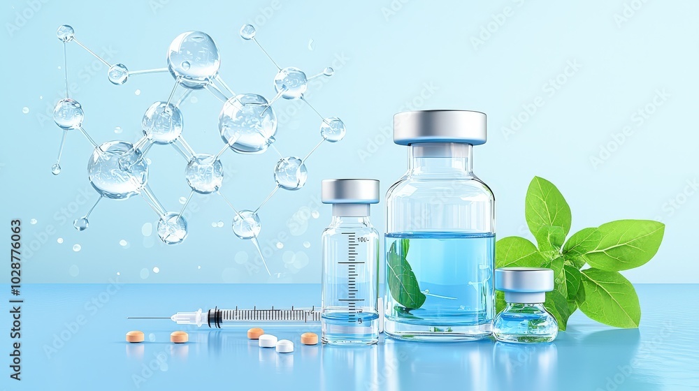 Poster an array of vials and syringes on a blue lab table