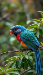 Fototapeta premium brightly colored bird perched on a branch of a tree in the forest, colorful plumage, parrot, very colourful, colorful birds, pararel, highly colorful