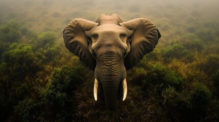 Fototapeta premium Saving Elephants: Wild Elephant in its Natural Environment A majestic elephant roaming in a savanna-like landscape surrounded by green trees and bushes.