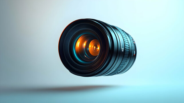 3D Floating Camera Lens with Glowing Shutter Icon - Mastery in Photography Trends and Tech Innovation - Isolated White Background