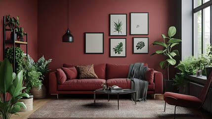 Cozy living room with plants and modern decor.
