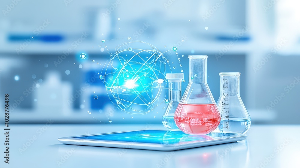 Poster close-up of laboratory test results displayed on a digital tablet in a blue lab