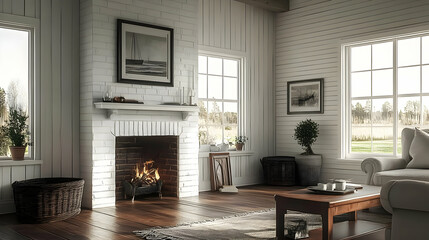 Cozy living room with a fireplace and natural light.