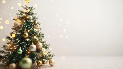 Obraz premium avarage green christmas tree with ligts and ornamnets