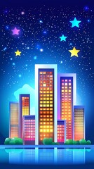 Fototapeta premium Cityscape with skyscrapers lit up at night under a starry sky.