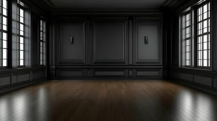 Fototapeta premium A sleek, dark room with wooden flooring and large windows.