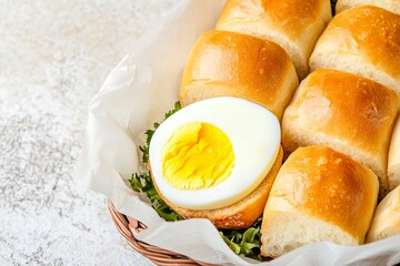 Fototapeta premium Soft bread rolls served with a boiled egg.