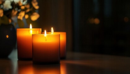 Glowing candles in a dark room, creating a warm and intimate atmosphere, cozy glowtime, peaceful and relaxing